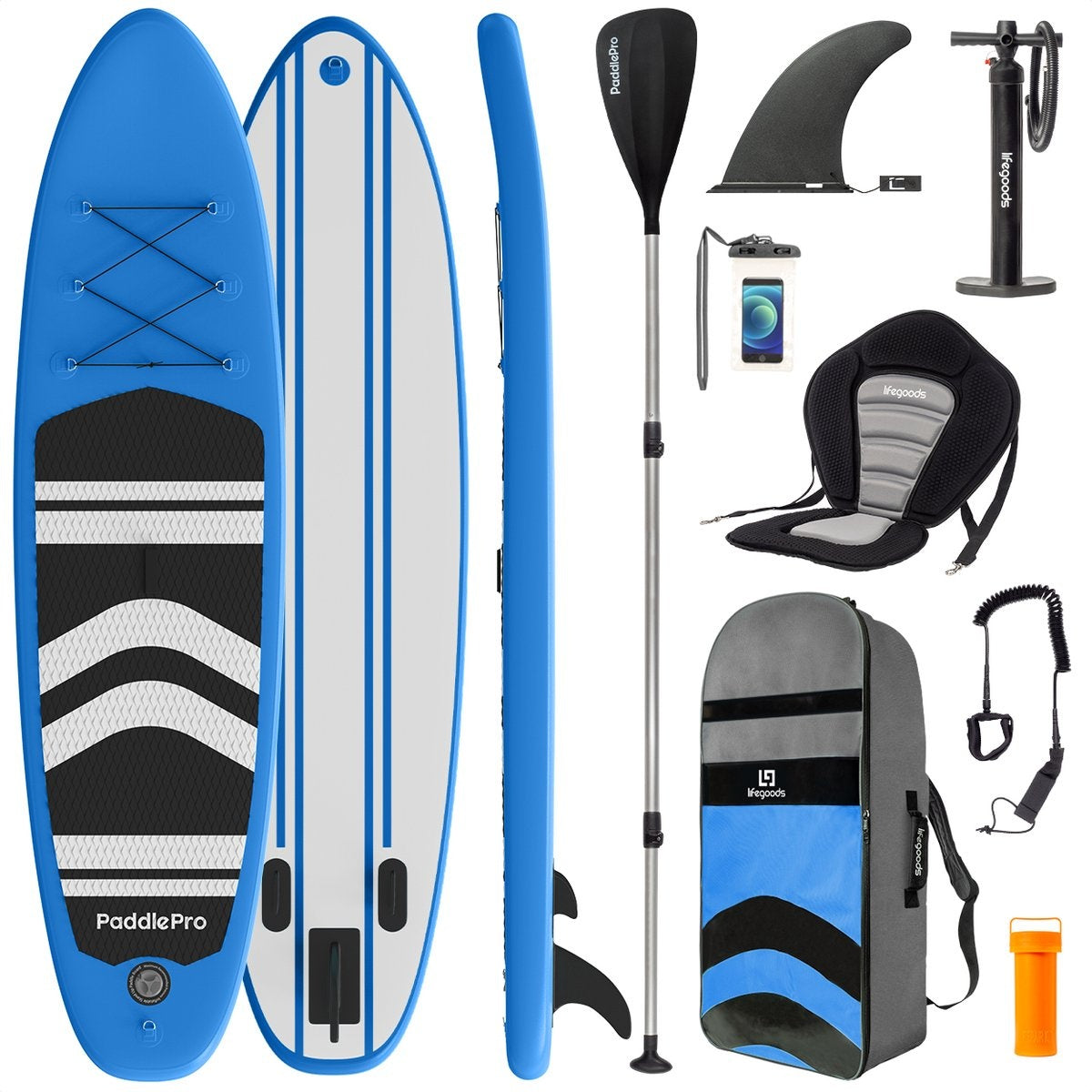LifeGoods SUP Board - mit Sitz - Aufblasbares Paddle Board - Komplettset - Max. 135KG - 320x81cm - Blau