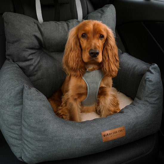 By Cee Cee Autositz Hund - Premium-Autokorb Hund - Hundekorb Auto mit Sicherheitsgurt - Hundesitz - Autositz -All Season - Grau - Größe M - Kleine und mittlere Hunde