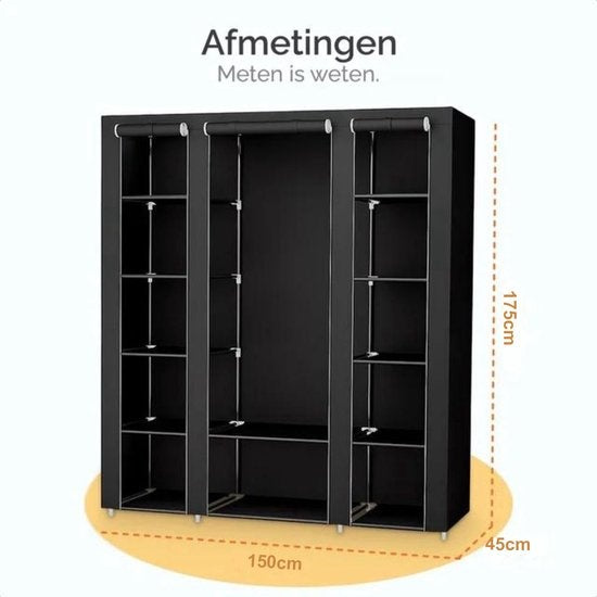 Goliving Faltgarderobe - Garderobenschrank - Kleiderschrank - Stoff-Faltschrank - Campingschrank - 175x150x44 cm - Schwarz
