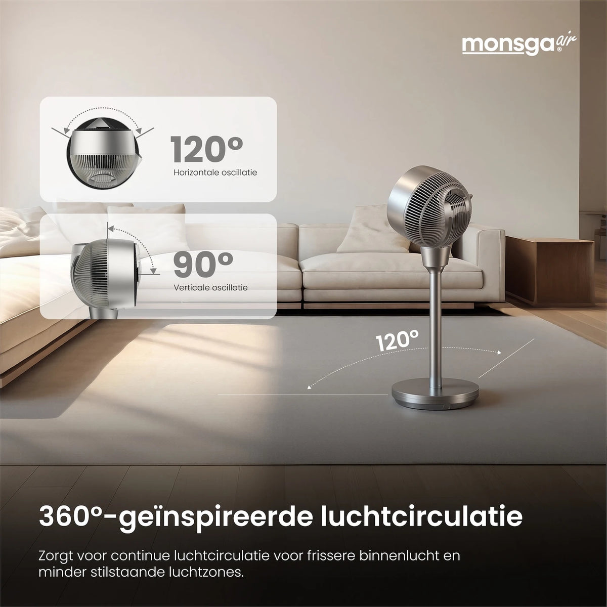 MonsgaAir AC300 Leiser Standventilator – 76 cm – 120° + 90° 3D-Oszillation – 5 Geschwindigkeitsstufen – 25 dB