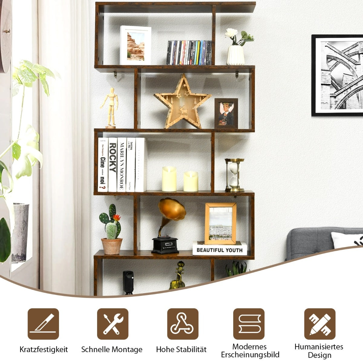 Coast Standregal 6 Level S-Shape BOOKROOM Lagerregal Holz Farbwahl-braun