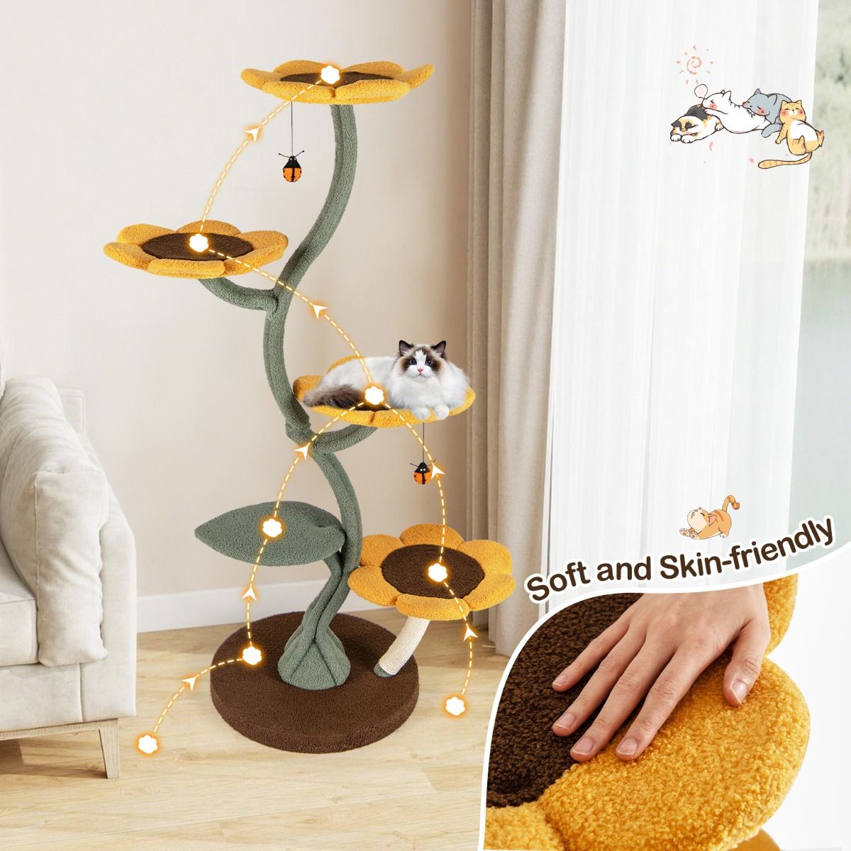 Coast Kratzbaum – Sonnenblumen-Design – 5 Ebenen – gelb, braun und grün – 175 cm