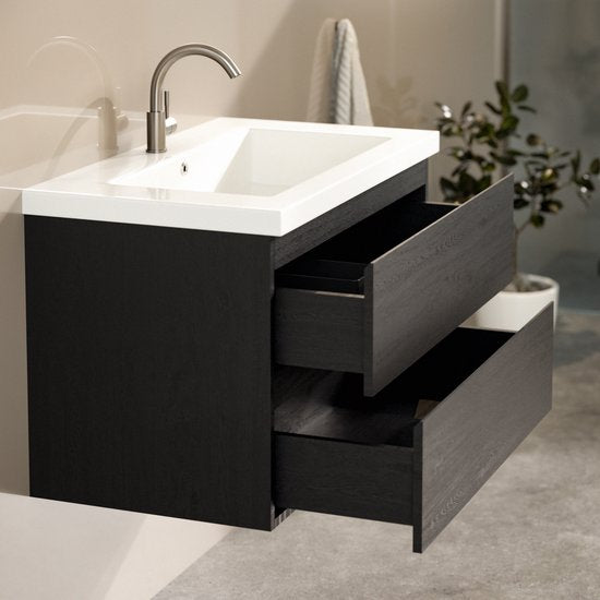 Mirlux Badezimmerschrank Schwarze Eiche 80 cm – Waschbecken Weiß – Badezimmerschrank-Set – Waschbeckenunterschrank Schwarze Eiche