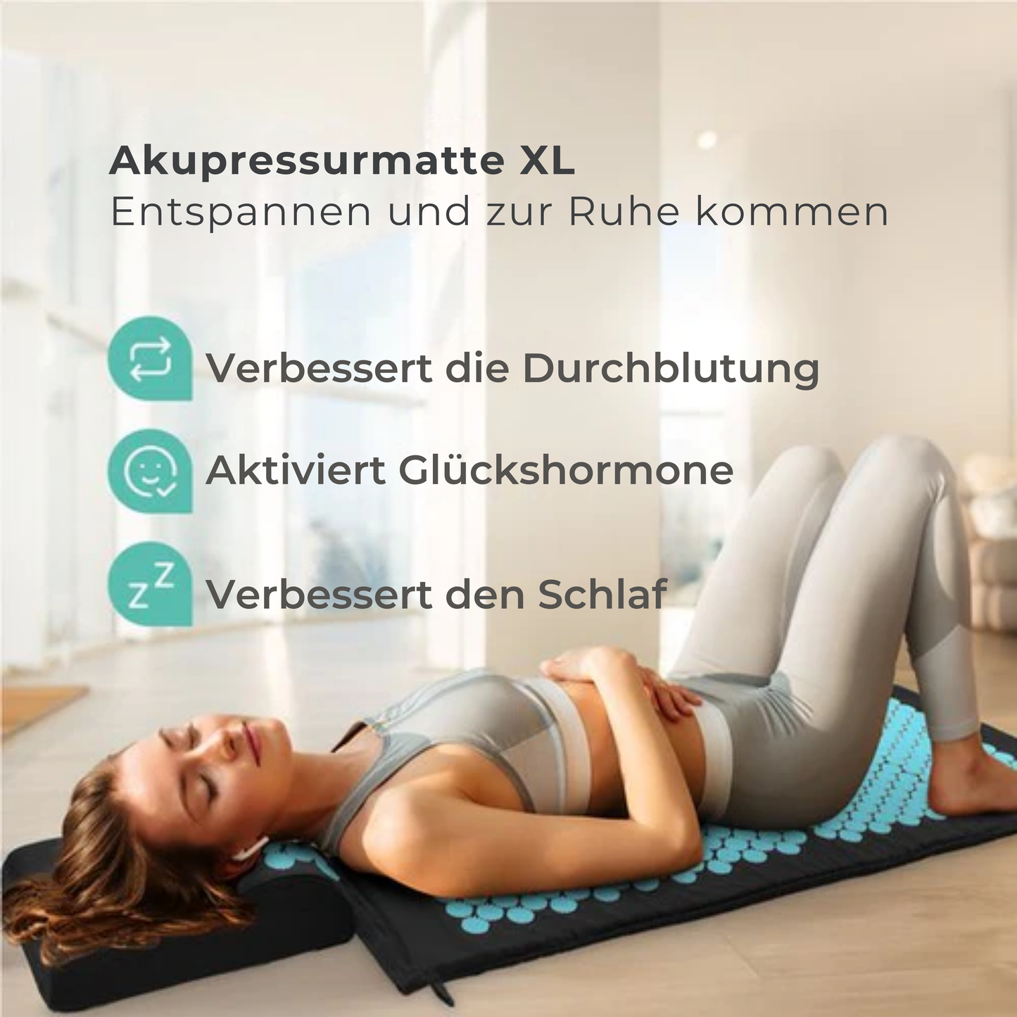 LifeGoods Akupressurmatte XL - Mit Kissen - Shakti Matte - Nagelmatte inkl. 2x Triggerpunkt Ball - 128x48x2cm - Schwarz/Türkis