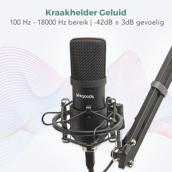 LifeGoods Mikrofon für PC - mit Arm - Gaming-Mikrofon - Streaming - Kondensator - Rauschunterdrückung - Pop Cap - Pop Filter - Schwarz