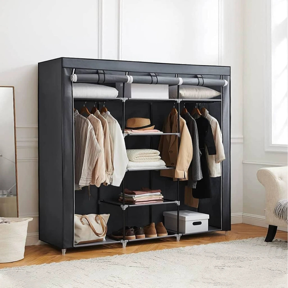Kleiderschrank, Wäscheschrank 150 x 175 x 45 cm – Grau – 2 Kleiderstangen – Einlegeböden – Zusammenklappbar