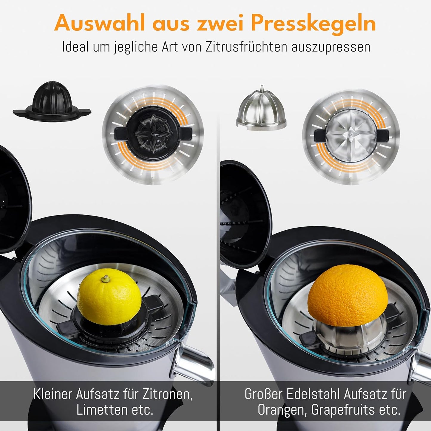 LEBENLANG Elektrische Zitruspresse - Bis zu 400ml - 600W - 20 x 20 x 31 cm - Silber