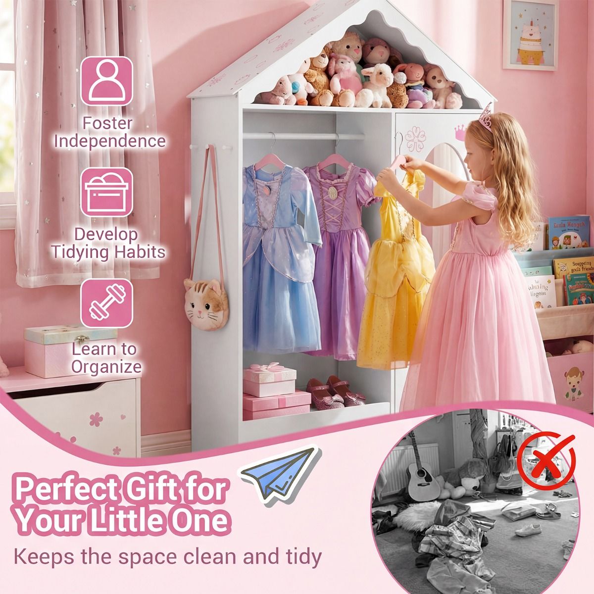Coast Kinderkleiderschrank mit Spiegel – dachförmiges Design – offene Kleiderstange und Einlegeböden – weiß