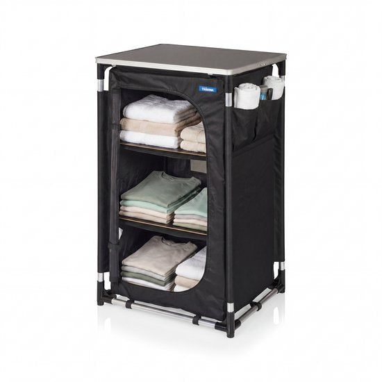 Tristar Klappbarer Camping-Schrank – Aluminiumrahmen – 3 Ebenen – Verstellbare Füße – Seitentaschen – Inklusive Tragetasche – Schwarz - CU-0809