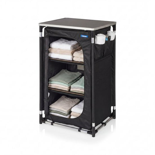 Tristar Klappbarer Camping-Schrank – Aluminiumrahmen – 3 Ebenen – Verstellbare Füße – Seitentaschen – Inklusive Tragetasche – Schwarz - CU-0809
