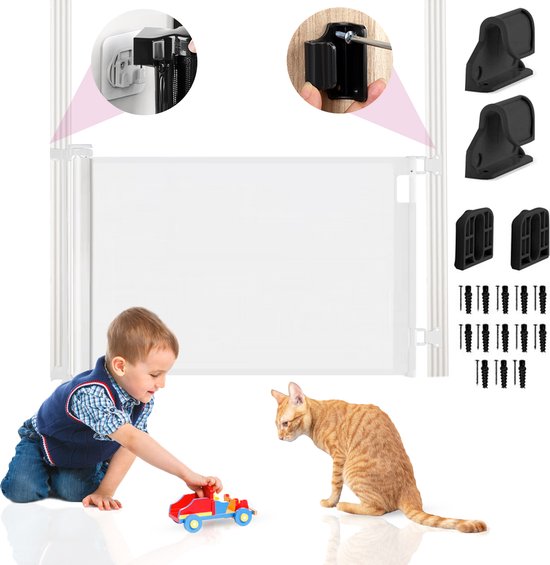 Aufrollbares Treppentor mit Stickerfunktion - Sicherheitstor - Verstellbar - Hundetor - Treppentor ohne Bohren - Kindertor - Für Tiere und Kinder - 10 bis 150 cm breit - Weiß - Sweet Sprout