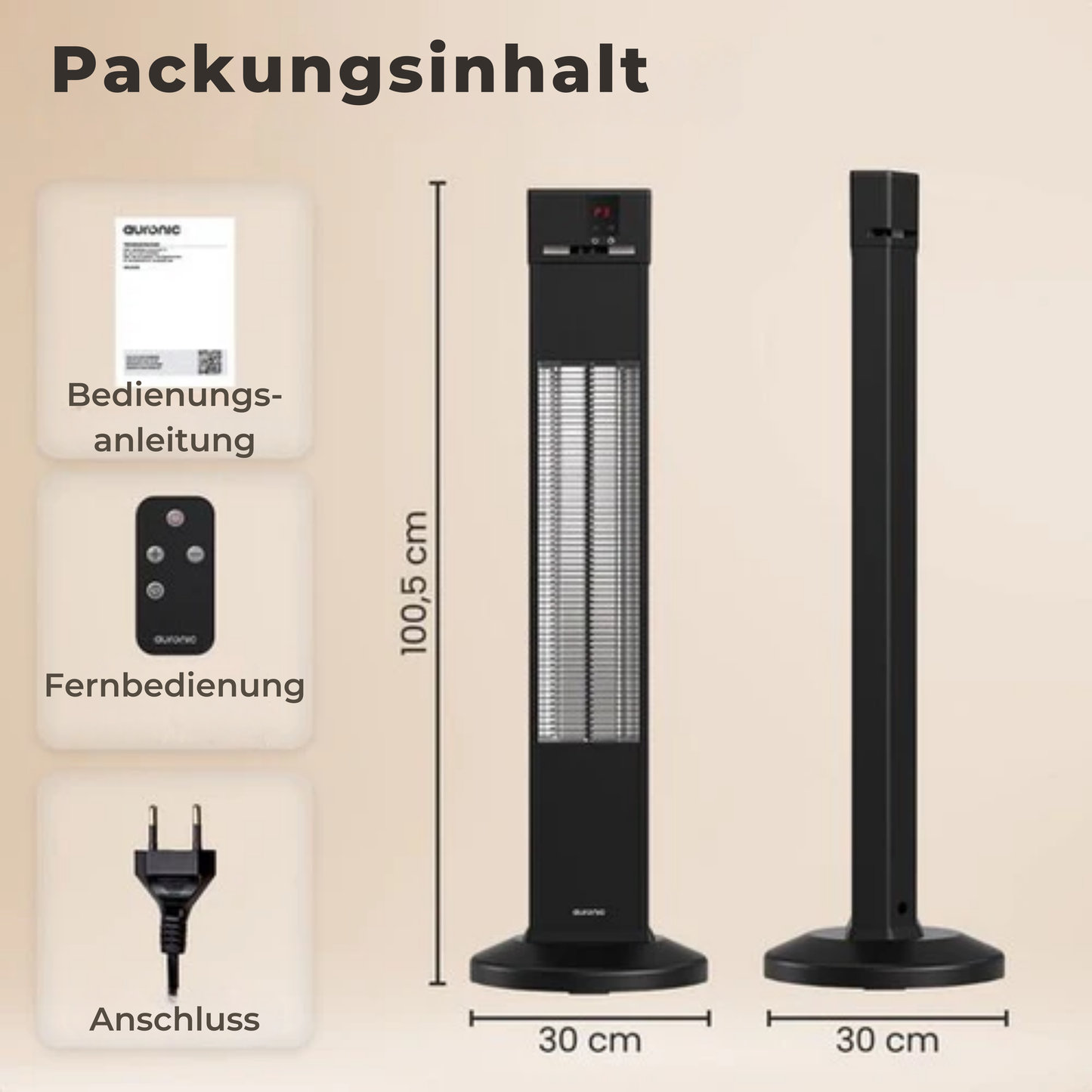 Auronic Terrassenstrahler - Infrarotheizung - Stehend - 20m2 - Elektrisch - 2000W - Fernbedienung - 3 Stufen - Schwarz