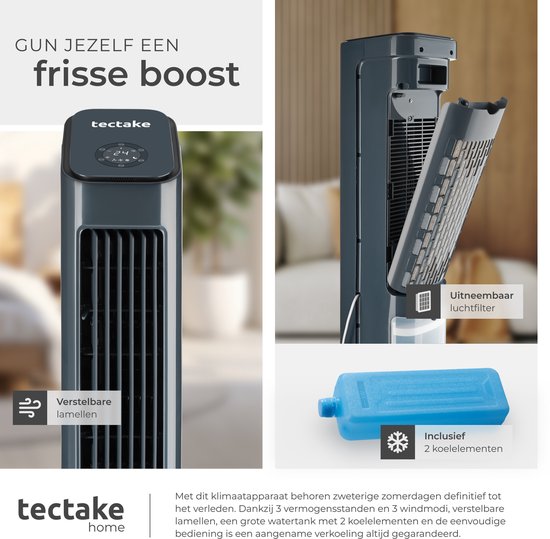 tectake® 4-in-1-Luftkühler Alaska – 5 l Wassertank – 3 Stufen – Luftkühler – Luftkühler mit Schwenkfunktion – Timer – Fernbedienung – Kühlelemente – Luftbefeuchter – Ventilator – Luftreiniger – Anthrazit