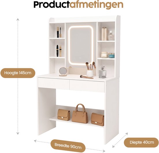 Infinity Goods Schminktisch mit LED-Spiegel – Make-up-Tisch – Besonders viel Stauraum – Dimmbar – Weiß