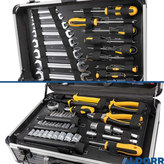 ALDORR Tools – 89 - Teiliges Werkzeugset im Koffer – Werkzeugkasten – Gefüllter Werkzeugkoffer – Werkzeugkiste – Schraubendreherset – Aluminium – Handwerkzeug – Basiswerkzeug – Mit Drehmomentschlüssel und Ratsche – Geschenk für Männer - Einweihungsgeschen