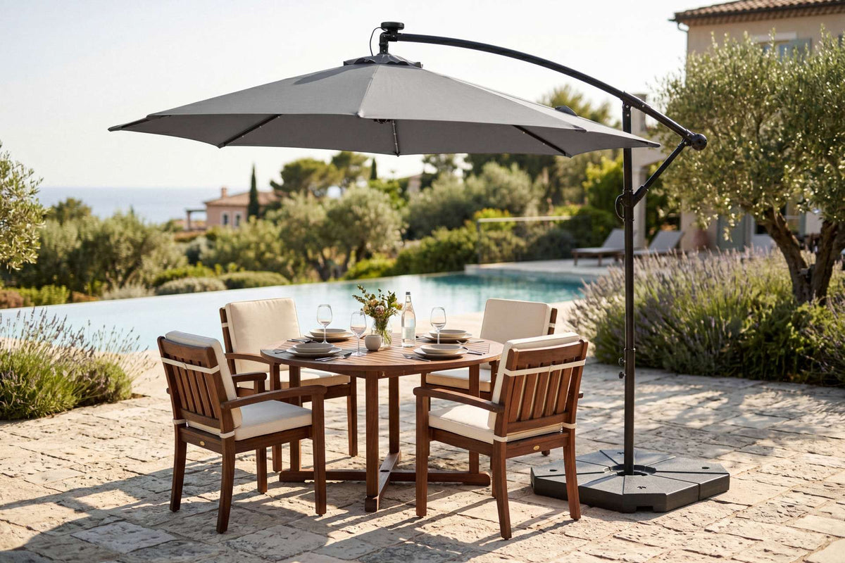 Feelfurniture Toscano Schwebeparasol Dunkelgrau – Banana Parasol mit LED-Beleuchtung und Schutzhülle – Ø 300 cm