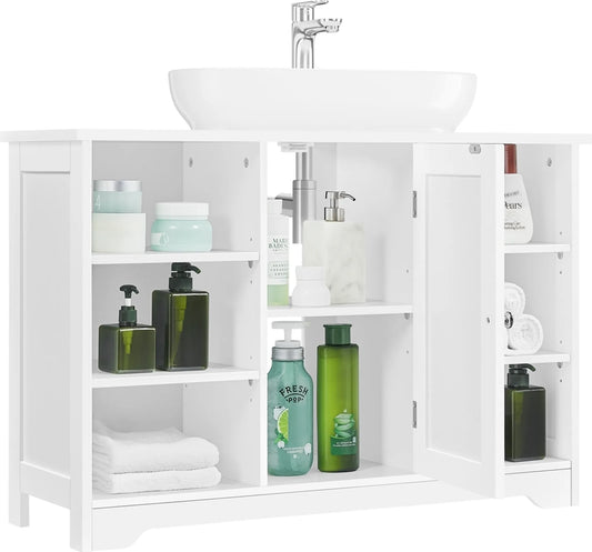 Yaheetech Waschtischmöbel mit verstellbaren Einlegeböden - ausgestattet mit Siphonaussparung und offenen Seitenfächern und Schranktür - für Bad und Toilette - Weiß Mdf - 90 x 30 x 60 cm