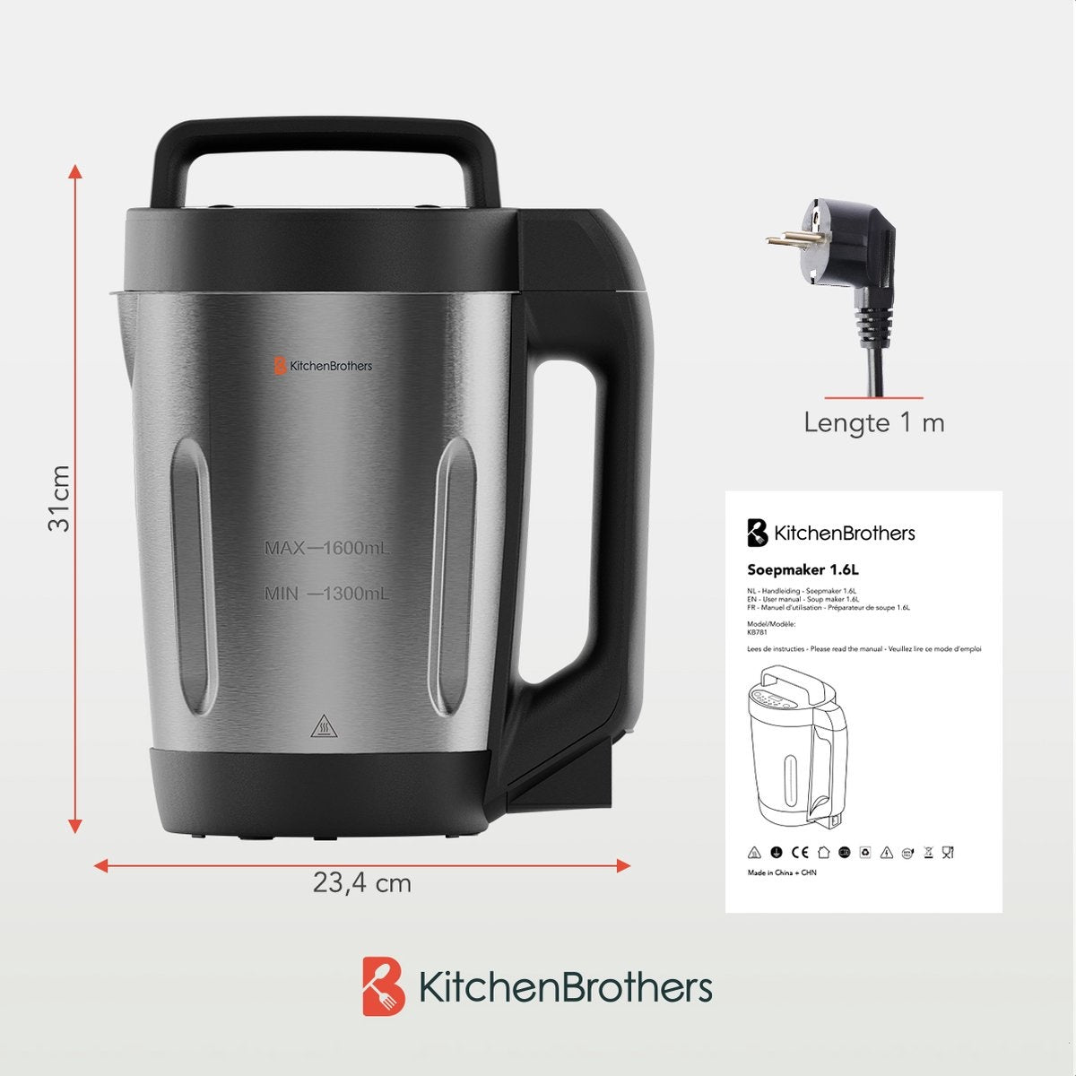 KitchenBrothers Suppenzubereiter - Mixer - bis zu 800W - 1.2L - Edelstahl/Schwarz