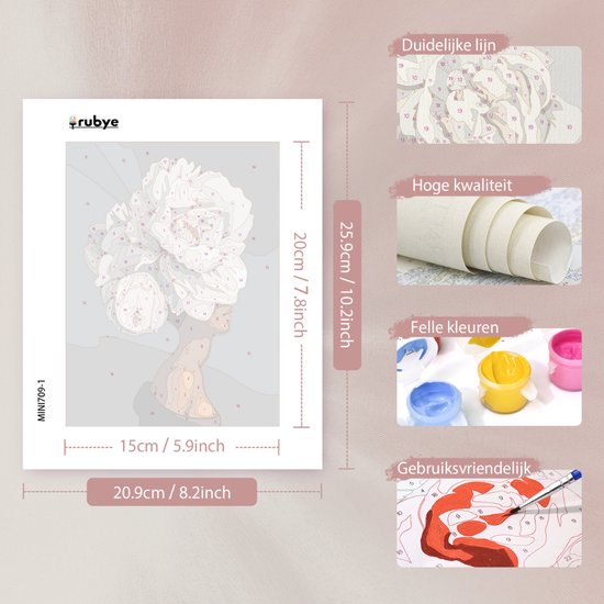 Rubye® Malen nach Zahlen Erwachsene - Blumenkopf - Inklusive Farbe und Pinsel - Malen auf Leinwand - Malen nach Zahlen - Doppelset - 15x20cm