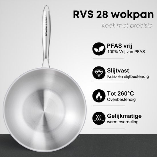 Savoré Kitchen Wokpfanne Edelstahl 28 cm mit Deckel - Induktionsgeeignet - Wokpfannen - 3-lagig - Professionelle Wärmeverteilung