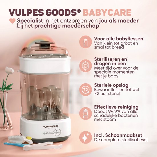 Vulpes Goods® Flaschen-Sterilisator - 5-in-1 Funktion - Mit Trocknungsfunktion & Warmhaltefunktion - Für Babyflaschen & Milchpumpen - BPA-frei - Kunststoff & Weiß