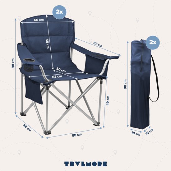 TRVLMORE Campingstühle - Zusammenklappbar - 2 Stück - XL - 150 kg Belastbarkeit - Getränkehalter - Seitentasche - Klappstuhl - Blau