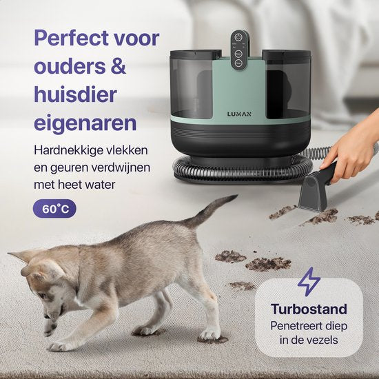 LUMAN 4 in 1 Teppichreiniger - Heizfunktion und Selbstreinigung - Fleckenreiniger - Sitzreiniger - Reiniger für Sofa, Boden, Auto und Teppich - 4 Bürsten - Inklusive Reinigungsmittel - 7 Meter Kabel
