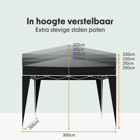 LifeGoods Party Tent Plus - Faltzelt - 3x3 m - Easy Up - Verstärkter Rahmen - Wasserdicht - Tragetasche - Schwarz