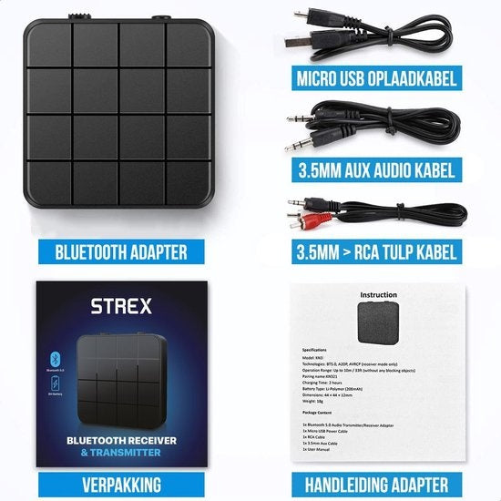 Strex Bluetooth-Sender & -Empfänger - 10m Reichweite - AUX/RCA - Schwarz