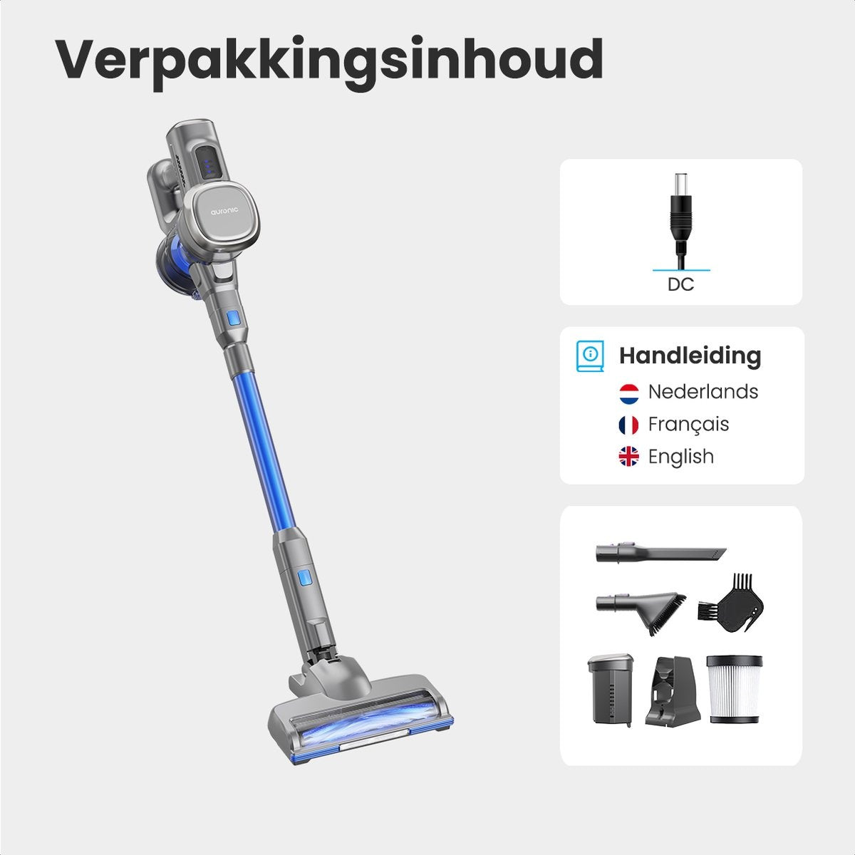 Auronic Stick Staubsauger - Kabellos - Beutellos - Akkubetrieben - Freistehend - 220 W - Grau/Blau