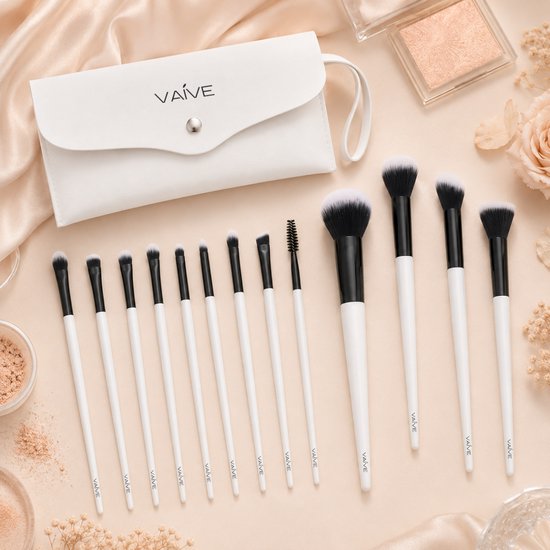 Vaive Make-up-Pinsel-Set, 15-teilig – vegane Pinsel – Pinsel für Foundation, Lidschatten, Rouge, Kabuki und Bronzer – mit Etui – Weiß