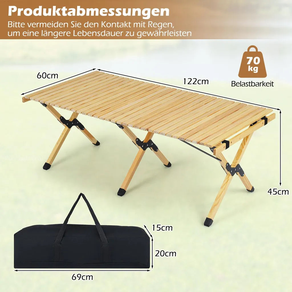 Coast Klappbarer Campingtisch 122 × 60 × 45 cm – Picknicktisch aus Holz für 4–6 Personen mit aufrollbarer Tischplatte und Tragetasche – Naturfarben