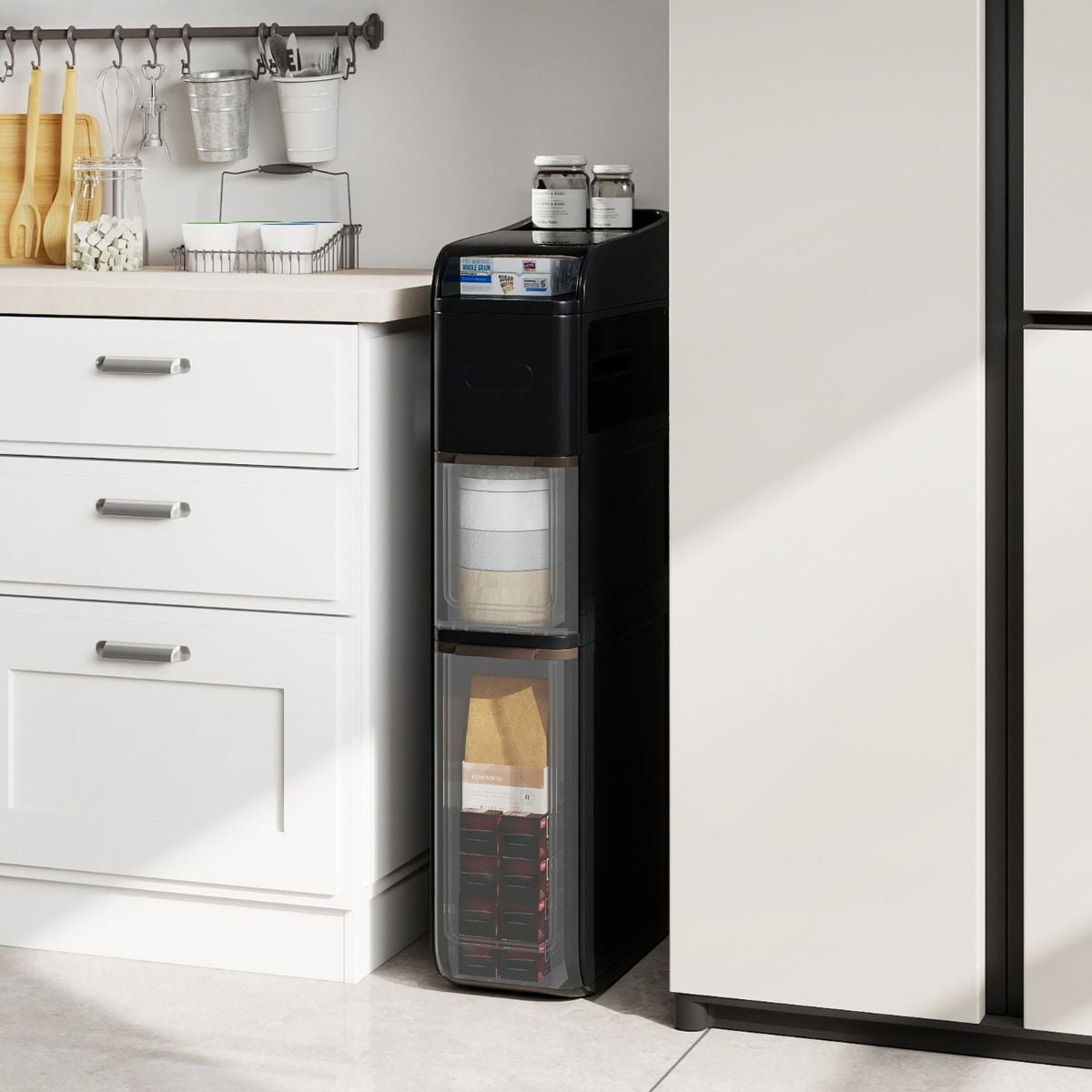 Coast Schmaler Badezimmerschrank mit 2 Schubladen und Papiertuchspender – Schwarz – 43 x 18 x 88 cm