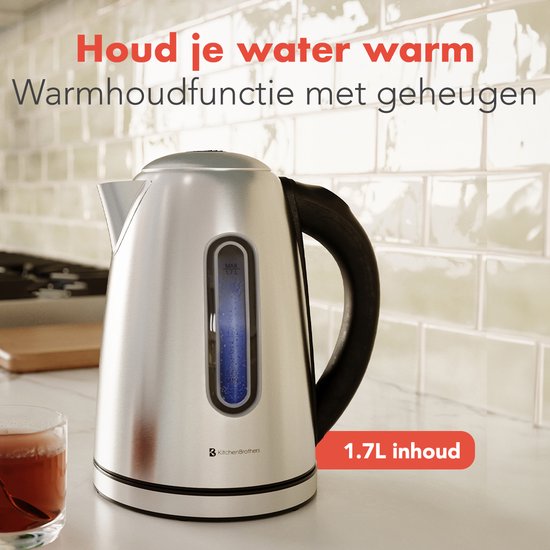 KitchenBrothers - Wasserkocher - Mit Temperaturregelung - Elektrisch - Mit Kalkfilter - 1,7L - Edelstahl