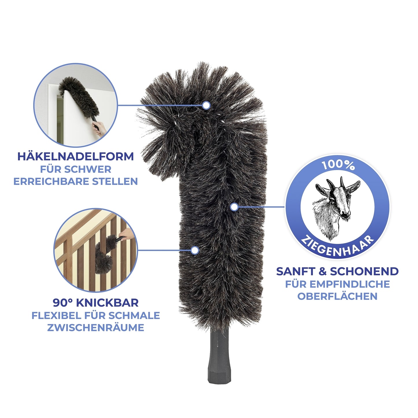 Maximex Ziegenhaar-Staubwedel, biegsam – für empfindliche Oberflächen – grau/schwarz – 14 x 42 x 8 cm