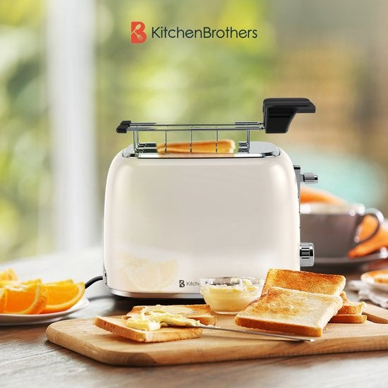 KitchenBrothers Toaster mit Sandwich-Clips â€“ Toaster â€“ 6 Heizstufen â€“ breite Schlitze â€“ Sandwichmaker-Toaster â€“ 870 W â€“ Beige