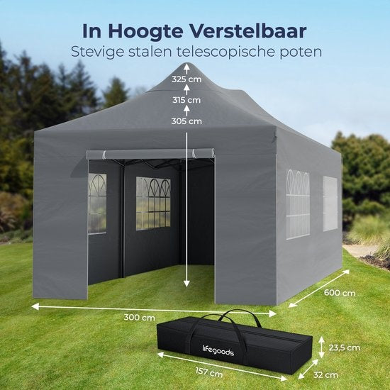 LifeGoods Partyzelt - Pavillon - 3x6 m - Seitenwände - leicht aufbaubar - faltbar - wasserdicht - Tragetasche mit Rädern - dunkelgrau