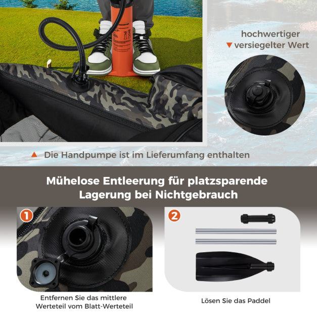 Coast Aufblasbares Fischerboot - Verstellbare Rutenhalter & Rückenlehne - 2 Hakenhalter - 135 x 109 x 54 cm - Camouflage