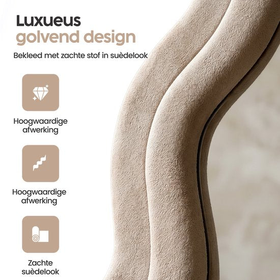 Infinity Goods Wandspiegel „Wavy“ – 160 x 60 cm – Design-Wandspiegel – gepolsterter Standspiegel – Wildleder – Beige