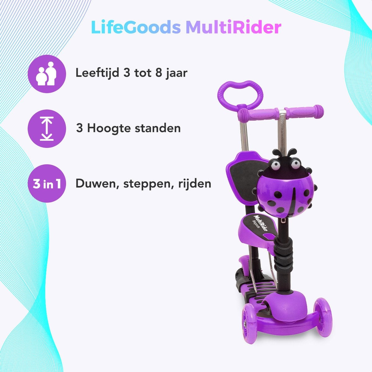 LifeGoods MultiRider - Kinderroller mit Schiebestange - 3 -8 Jahre - Jungen/Mädchen - 3 leuchtende Räder - Lila