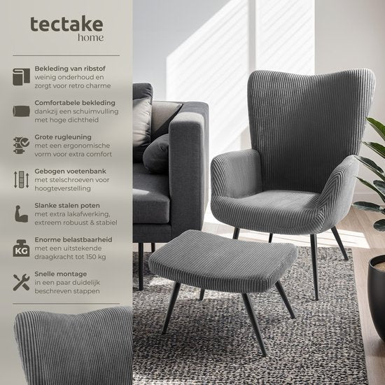 tectake® Ohrensessel mit Hocker - Skandinavischer Teddy Bouclé Sessel - Lounge und Wohnzimmersessel - Schwarze Metallbeine - Belastbarkeit 150kg - Cord - Grau