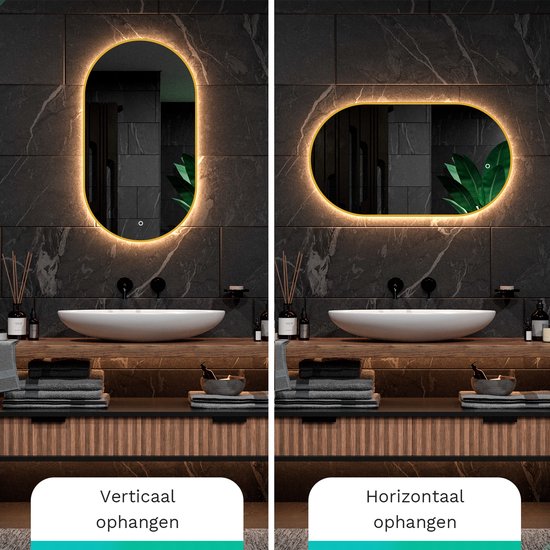 Mirlux Badezimmerspiegel mit LED-Beleuchtung & Heizung - Wandspiegel Oval - Goldrahmen - 90x50CM