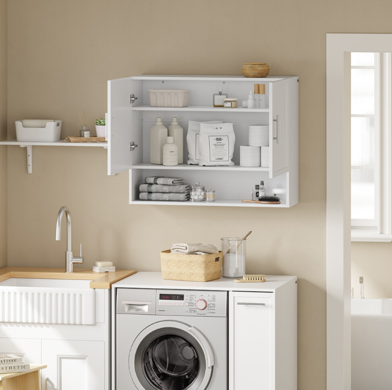 SoBuy Wandschrank 90 x 70 x 28,5 cm – Weiß – 2 Türen – Verstellbares Einlegeboden