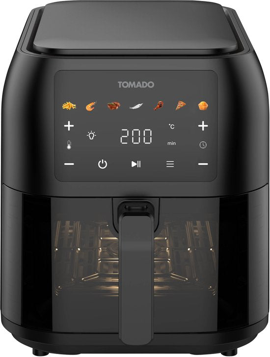Tomado TAF8002B – Große Heißluftfritteuse – XXL-Heißluftfritteuse – 8 Liter – Heißluftfritteuse – Sichtfenster – Touch-Bedienung – 7 Automatikprogramme – Schwarz