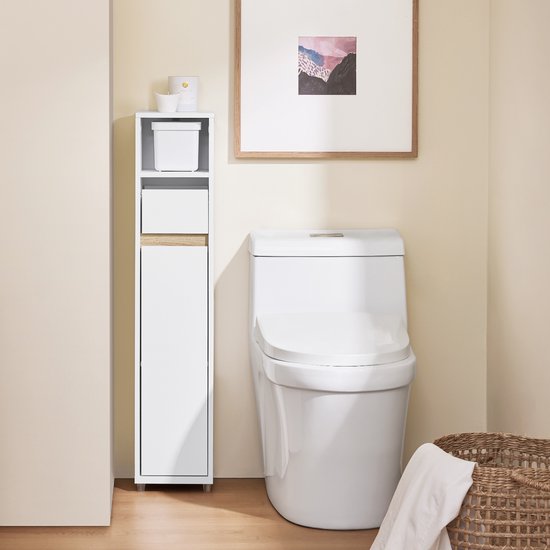 SoBuy BZR151-W Badezimmerschrank für schmale Räume, kompakter Aufbewahrungsschrank mit verstellbarem Einlegeboden und Schublade, für Badezimmer, Toilettenschrank aus Holz, weiß, 20 x 20 x 96 cm