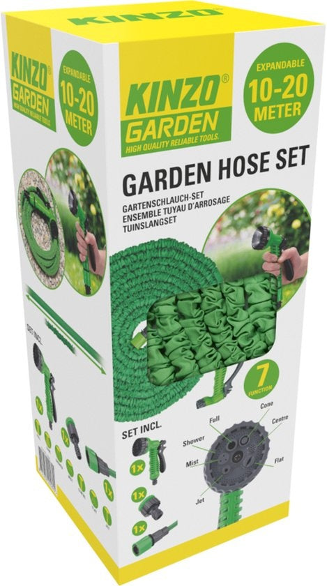 Kinzo Flexibler Gartenschlauch 20M - Inkl. Aufsatz - Düse mit 7 Sprühmodi - Kunststoff - Grün/Grau