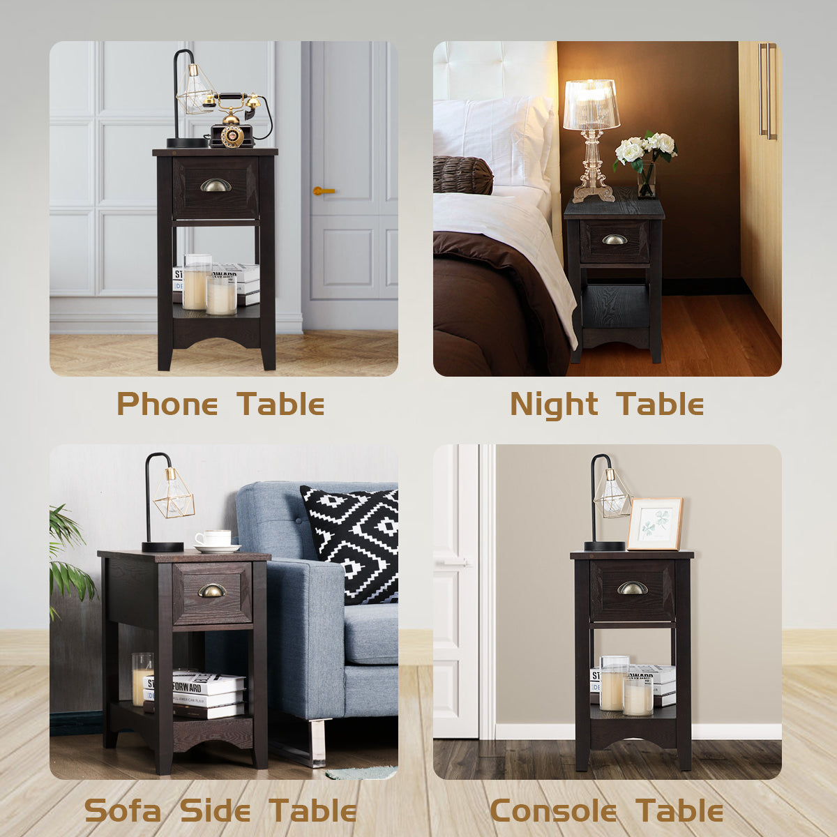 Beistelltisch mit Schublade und Regal 2 Bodenzählung Sofatisch Schmaler Nachttisch Couchtisch für Wohnzimmer Schlafzimmer (Walnuss)