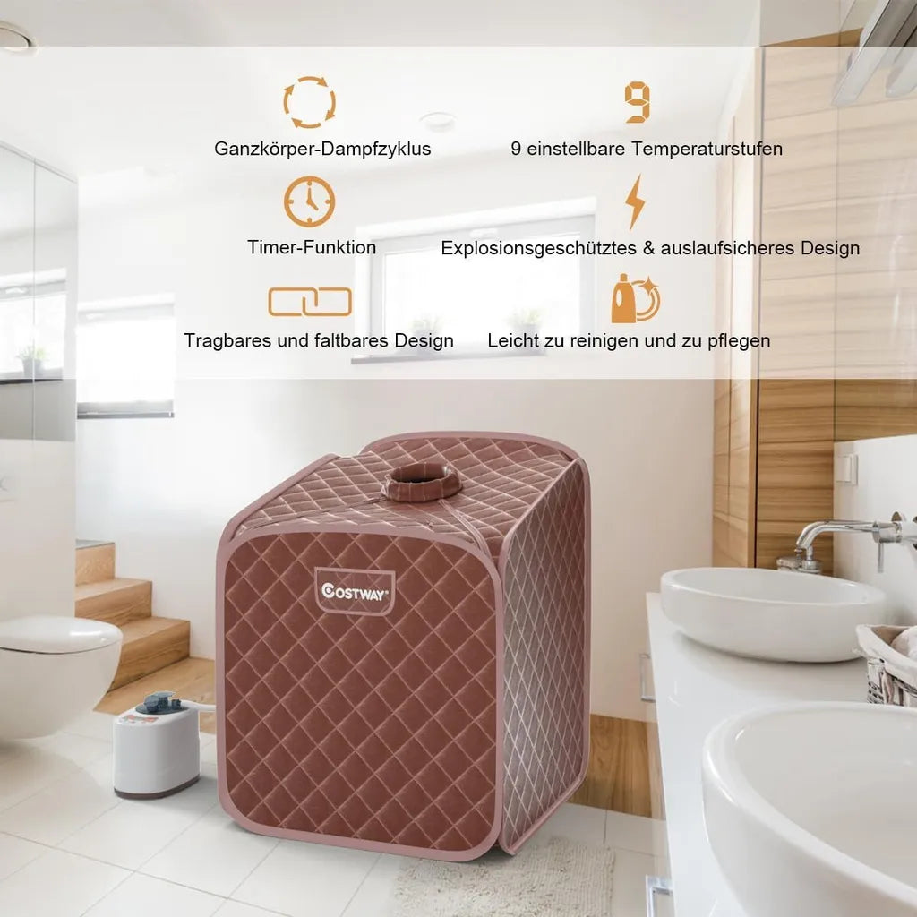 Coast Mini-Dampfsauna 2 Liter – Zusammenklappbare Heimsauna mit Fernbedienung, Timer, 9 Temperaturstufen und Sitz – Braun