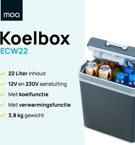 MOA - Elektrische Kühlbox - Warmhaltefunktion - 12V und 230V 22 Liter ECW22 - Grau