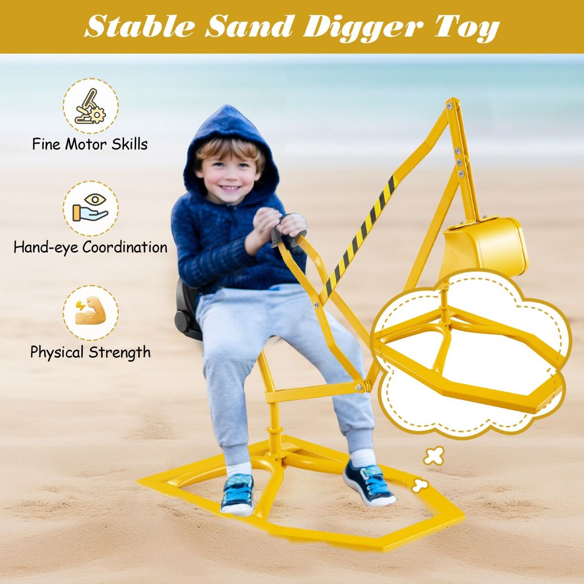 Coast Sitzbagger für Kinder – um 360° drehbar – Bagger aus Metall – gelb